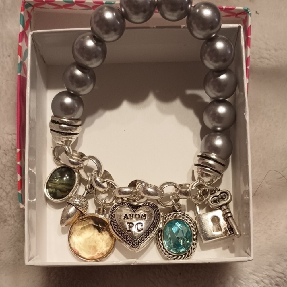 Avon Silver Bracelet with Gray Beads and Charms